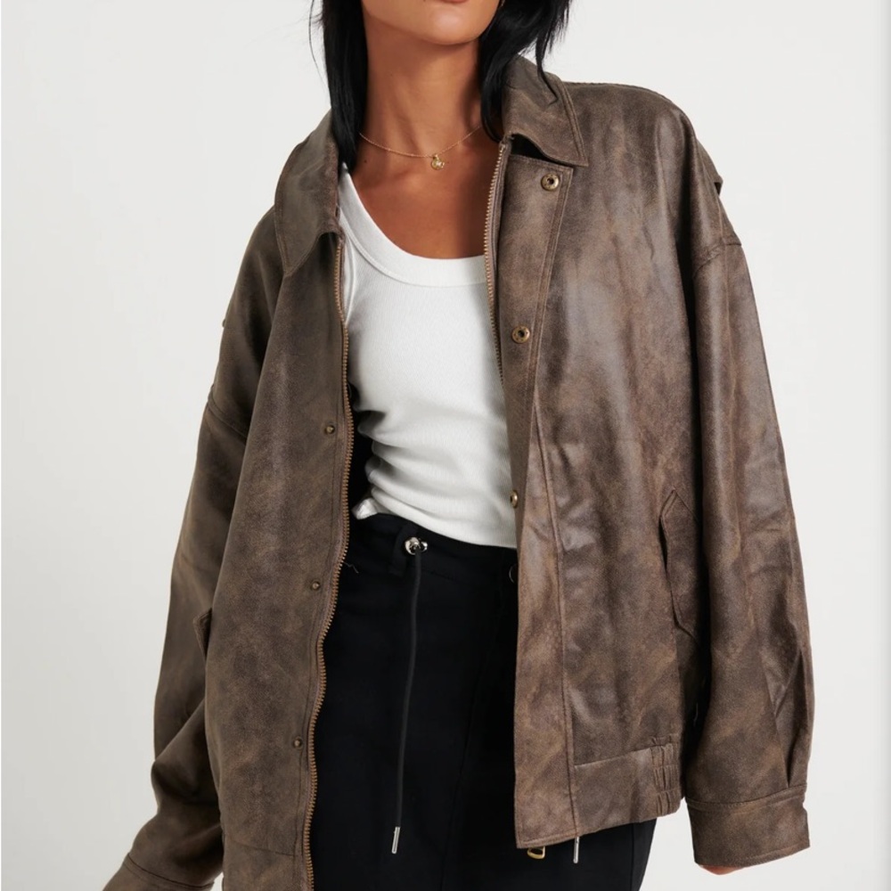 Brown Leather Jacket with Vintage Oversized Fit